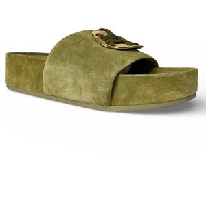 Tory Burch Woven Double T Suede Platform Slides Sandals Pear Green Size 9M